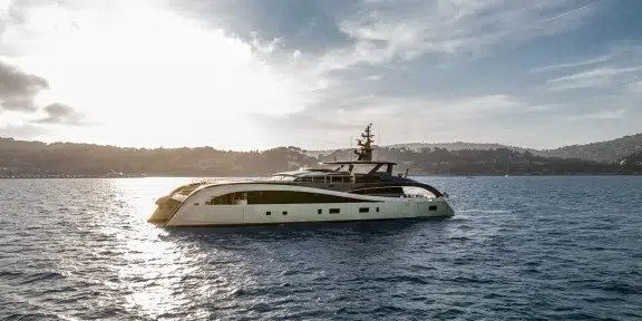 SEAWOLF X Luxury Motor Eco Catamaran Charter Rossinavi 43m Custom Aerial View Profile Sunset