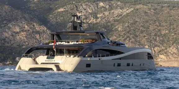 SEAWOLF X Luxury Motor Eco Catamaran Charter Rossinavi 43m Custom Aerial View Cruising