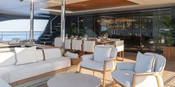 SEAWOLF X Luxury Motor Eco Catamaran Charter Rossinavi 43m Custom Aft Deck Seating