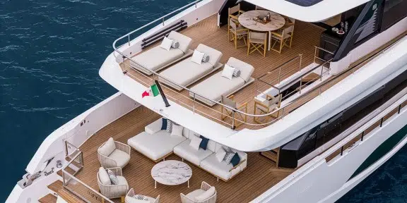 TETHYS Luxury Charter Yacht Ferretti Infynito 90 Aerial View Stern