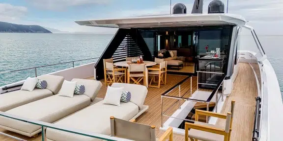 TETHYS Luxury Charter Yacht Ferretti Infynito 90 Upper Deck Sunbeds