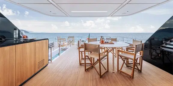 TETHYS Luxury Charter Yacht Ferretti Infynito 90 Upper Deck Dining