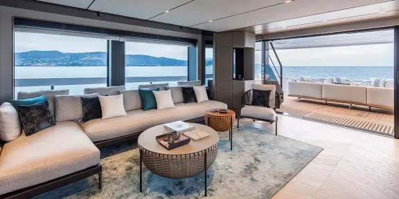 TETHYS Luxury Charter Yacht Ferretti Infynito 90 Main Salon Seating View