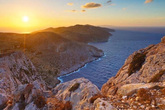 Empty bay in Folegandros Island at sunset, Greece