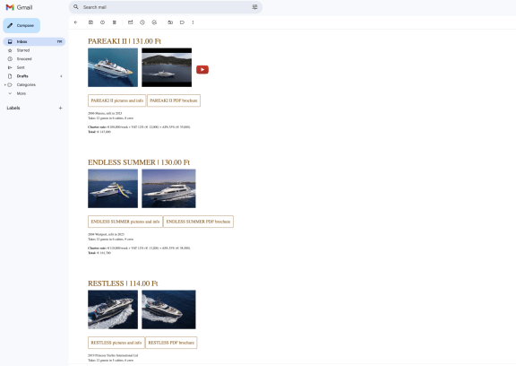 Email with shortlist of yachts for charter in Greece