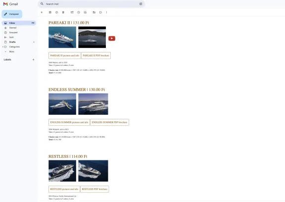 Screenshot of a Gmail email with a shortlist of yachts for charter in Greece.