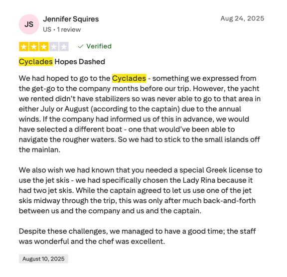 Screenshot of TrustPilot Review of a yacht charter in the Cyclades where guests expectations weren't met due to the yacht and weather not alligning.