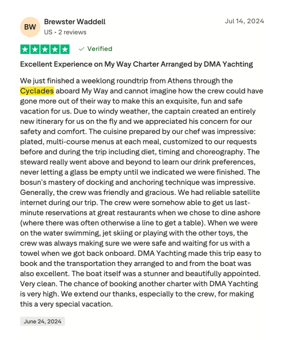 Screenshot of TrustPilot review of a yacht charter in the Cyclades where guests expectations were met despite the weather forcing an itinerary change.