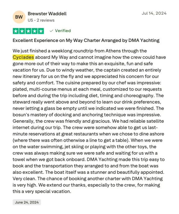 Screenshot of a Trustpilot review praising a Cyclades yacht charter despite a weather-driven itinerary change.
