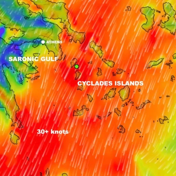 Weather map showing Meltemi winds above 30 knots across the Cyclades Islands.