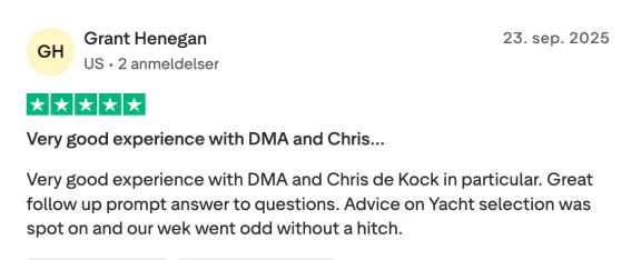 Screenshot of a Trustpilot review saying the yacht selection was spot on.