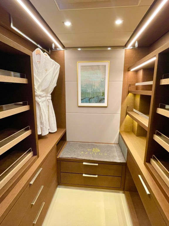 Master cabin walk-in closet onboard luxury catamaran AEOLUS