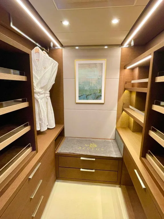 Master cabin walk-in closet onboard luxury catamaran AEOLUS