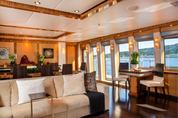 Floor to ceiling windows in main salon