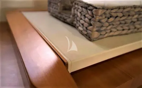 Master cabin desk detail: High quality materials and refined leather