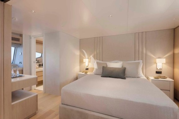 1st Master Cabin on Upper Deck, with a large private veranda & a private salon which can become a common area used by all guests if separated from the cabin with the sliding door. The salon sofa can be converted to a double bed, so the upper deck can sleep 4 guests.