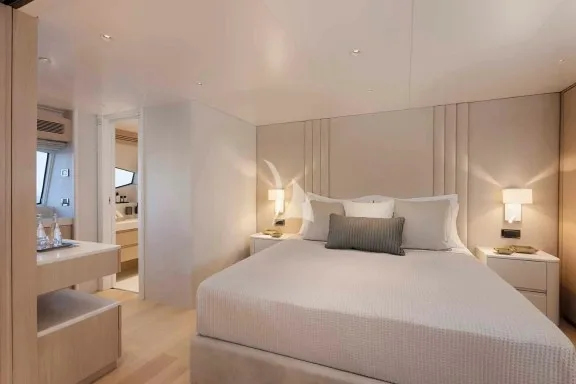 1st Master Cabin on Upper Deck, with a large private veranda & a private salon which can become a common area used by all guests if separated from the cabin with the sliding door. The salon sofa can be converted to a double bed, so the upper deck can sleep 4 guests.