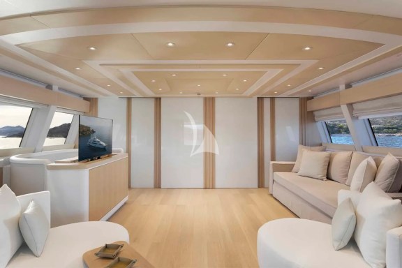 Salon of the Upper Deck when separated from the 1st Master cabin with the sliding door. The salon sofa can be converted to a double bed, so the upper deck can sleep 4 guests.