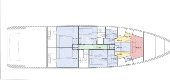 Lower Deck Lay Out in the 5 cabins version - NOTE! In the 4 cabins version the 2 Double cabins are joined to create 1 large Master with 2 bathrooms