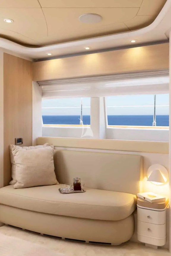 2nd Master Cabin sofa (main deck). This cabin has an office, 2 walk in closets & an exceptionally large en suite bathroomwith his & hers separate toilets, his & hers sink units & 2 doors