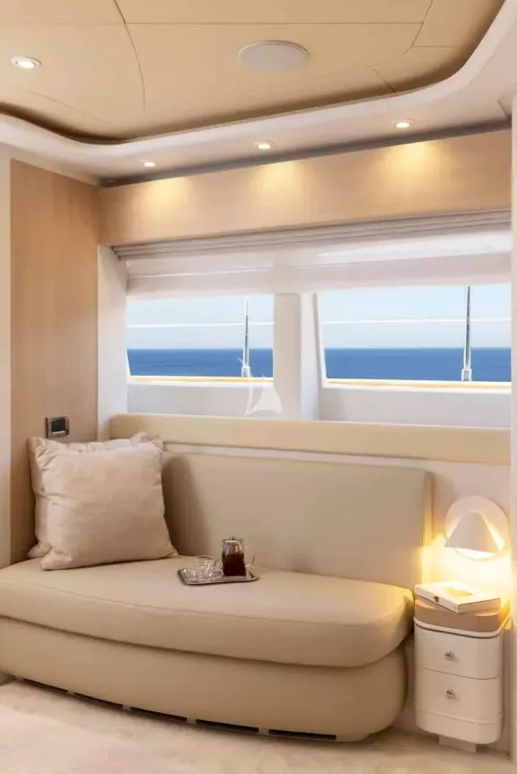 2nd Master Cabin sofa (main deck). This cabin has an office, 2 walk in closets & an exceptionally large en suite bathroomwith his & hers separate toilets, his & hers sink units & 2 doors