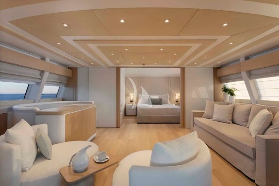 1st Master Cabin on Upper Deck, with a large private veranda & a private salon which can become a common area used by all guests if separated from the cabin with the sliding door. The salon sofa can be coverted to a double bed, so the upper deck can sleep 4 guests.