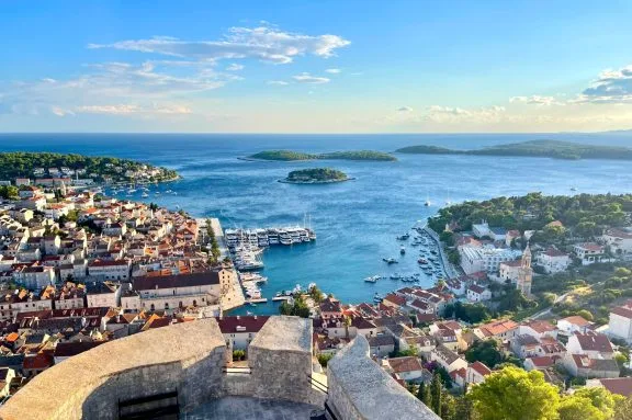 Hvar harbour and the Pakleni islands seen from the fortress, Croatia